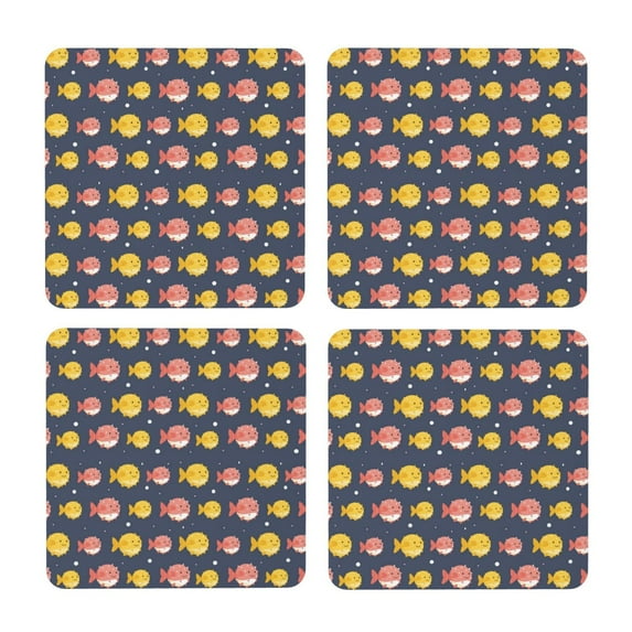 Xecao Cute Puffer Fish for MDF Cork Coaster 4 Pcs,Drink Coasters,Suit for House Warming Gifts New Home ,Coffee Table Decor-Square