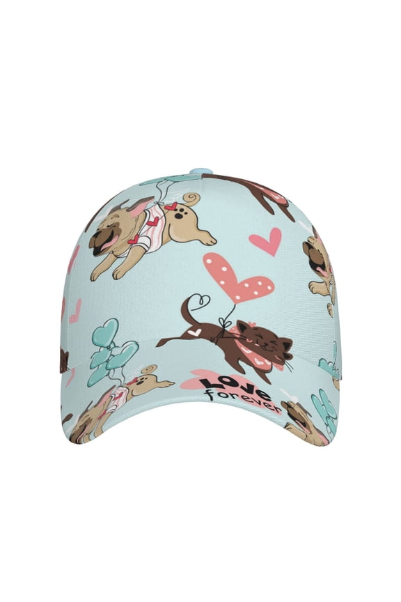 Cute Pug Dogs for Baseball Cap: Unisex, crafted from classic polyester twill fabric, featuring a soft unconstructed design