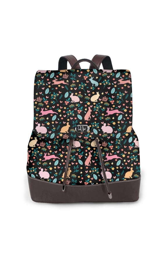 Cute Rabbit And Flower Print Large Backpack Soft Leather for Women Travel with Compartment, Adjustable Convertible Strap