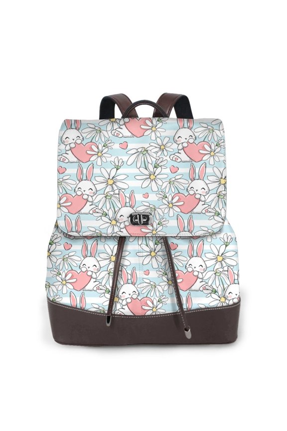 Cute Rabbit And Heart Print Large Backpack Soft Leather for Women Travel with Compartment, Adjustable Convertible Strap