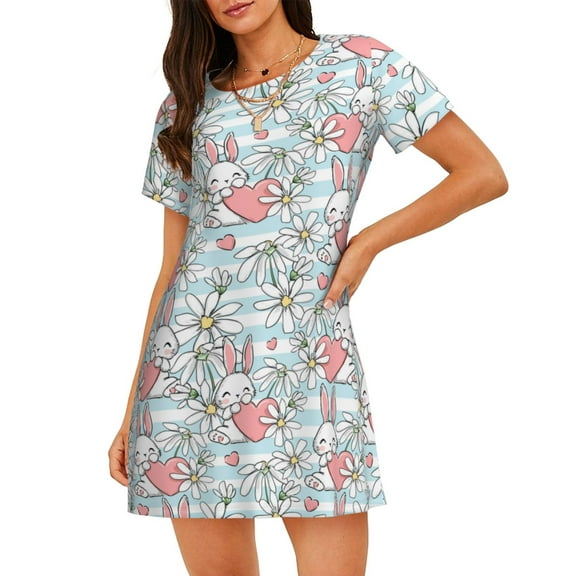 Xecao Cute Rabbit And Heart for Women's Loose Nightgown Sleepwear Short Sleeves Shirt Casual Print Sleepdress