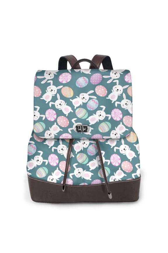 Cute Rabbit Easter Print Large Backpack Soft Leather for Women Travel with Compartment, Adjustable Convertible Strap