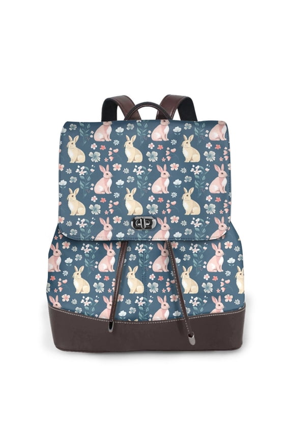 Cute Rabbit Floral Print Large Backpack Soft Leather for Women Travel with Compartment, Adjustable Convertible Strap