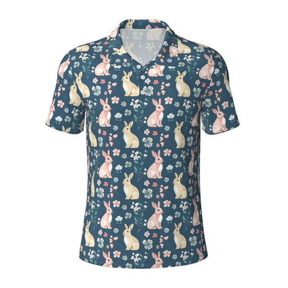 Xecao Cute Rabbit Floral for Mens' Casual Short Sleeve Button-Down Polo Shirts for a Classic Golf Look