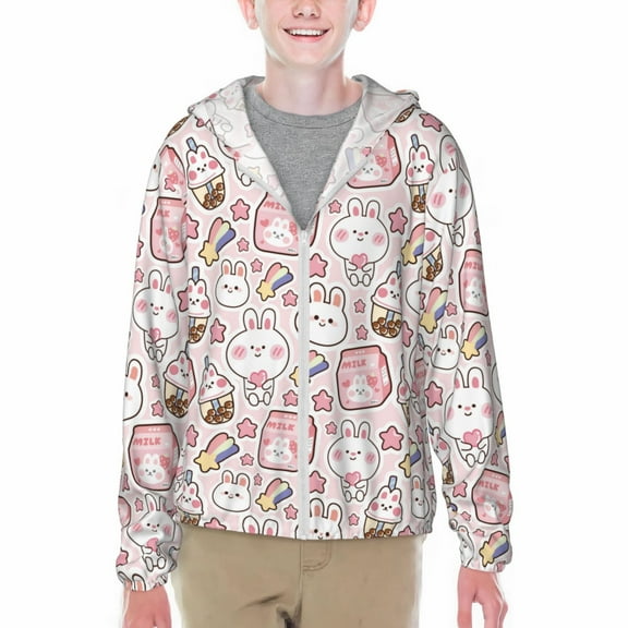 Xecao Cute Rabbit Print Fishing Shirts for teenager Long Sleeve UV Sun Protection Hoodie with Zipper Outdoor Hiking Shirts-Small