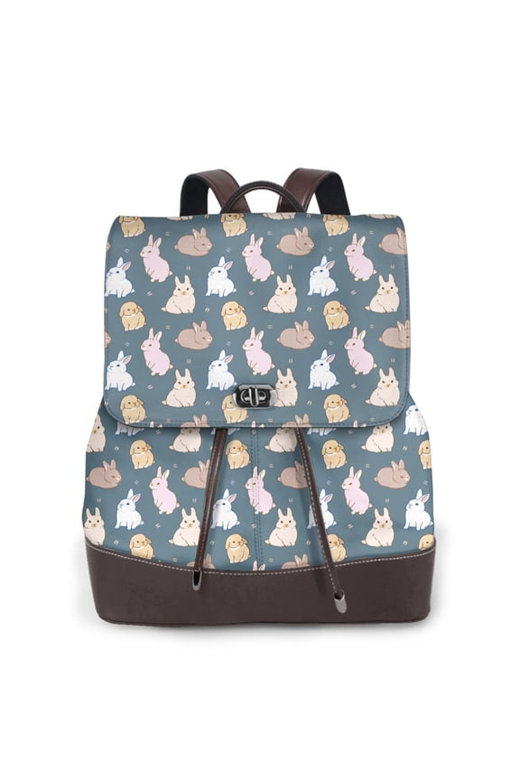 Cute Rabbit Print Large Backpack Soft Leather for Women Travel with Compartment, Adjustable Convertible Strap