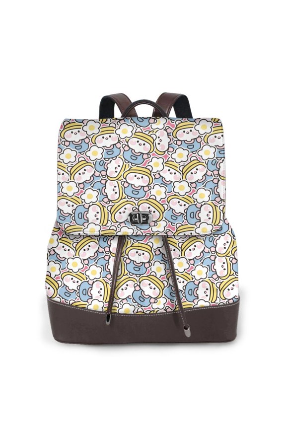 Cute Rabbit Print Large Backpack Soft Leather for Women Travel with Compartment, Adjustable Convertible Strap