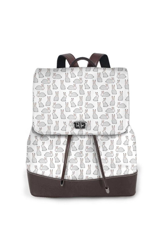 Cute Rabbit Print Large Backpack Soft Leather for Women Travel with Compartment, Adjustable Convertible Strap