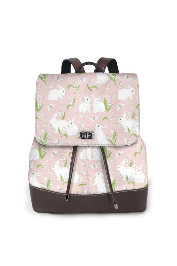 Cute Rabbit Print Large Backpack Soft Leather for Women Travel with Compartment, Adjustable Convertible Strap