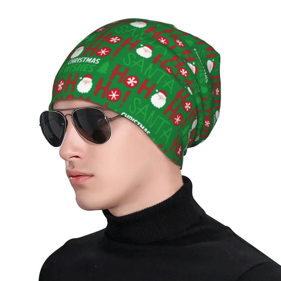 Xecao Cute Santa And Ho Ho Ho Print Beanie Knitted Hat for Men Women, Winter Fashion Knit Cuffed Caps Unisex
