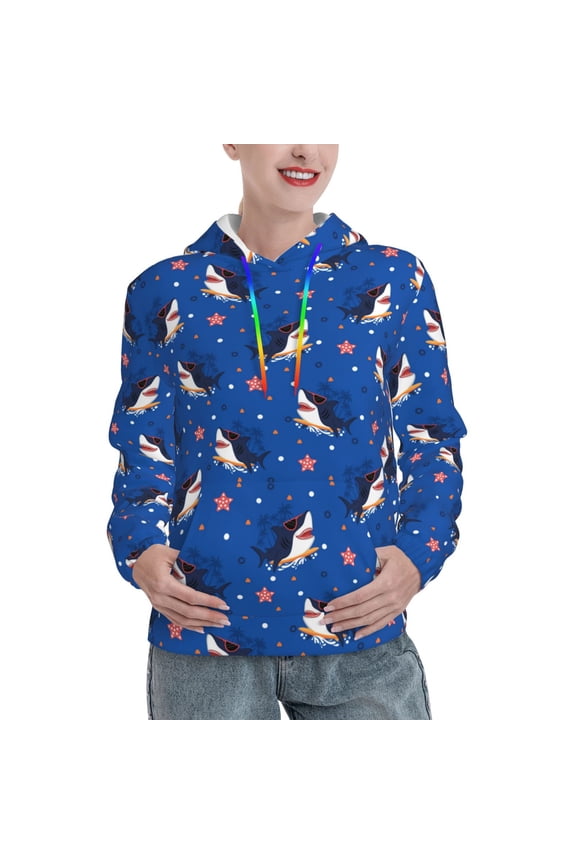 Cute Shark Cartoon Pattern Hoodies for Women Sweatshirts Long Sleeve Sweatshirts Pullover Outfits with Pocket-X-Large