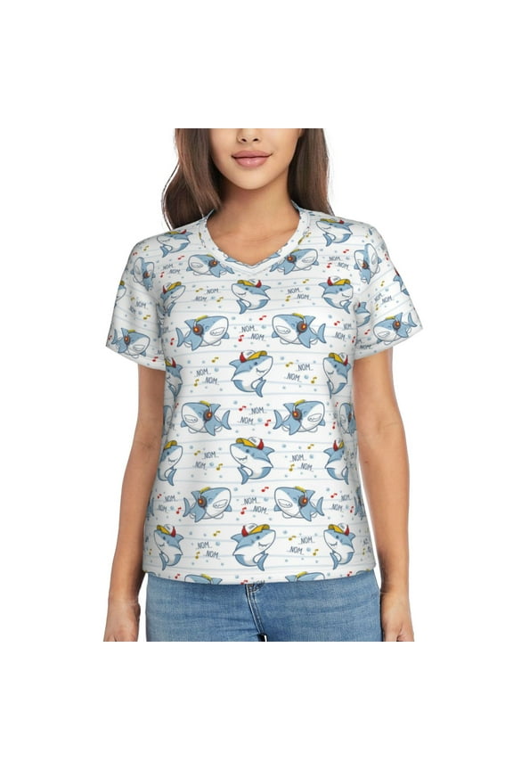 Cute Shark for Women's V-Neck T-Shirts-Elegant Half-Sleeve Tops Perfect for Summer-XX-Large