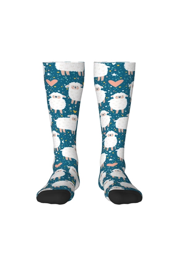 Cute Sheep And Hearts print thigh-high socks, crafted for both men and women with a stretchy, high-opaque design perfect for daily wear