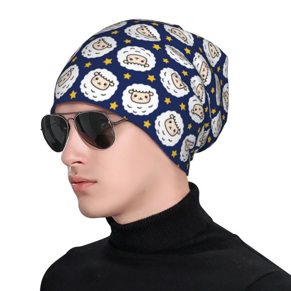 Xecao Cute Sheep With Star Print Beanie Knitted Hat for Men Women, Winter Fashion Knit Cuffed Caps Unisex