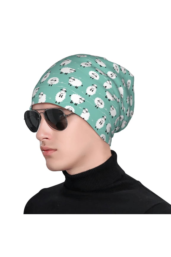 Cute Sheeps Print Beanie Knitted Hat for Men Women, Winter Fashion Knit Cuffed Caps Unisex