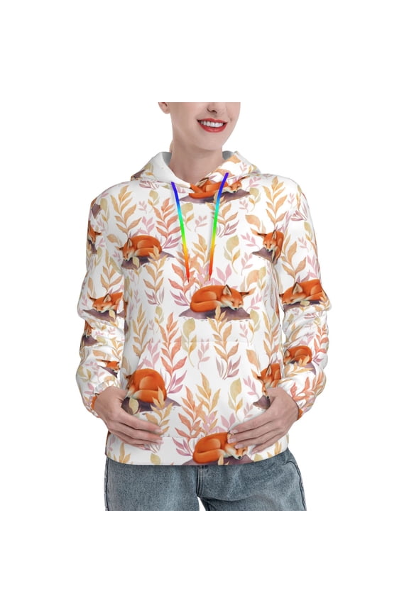 Cute Sleepy Fox Pattern Hoodies for Women Sweatshirts Long Sleeve Sweatshirts Pullover Outfits with Pocket-Medium