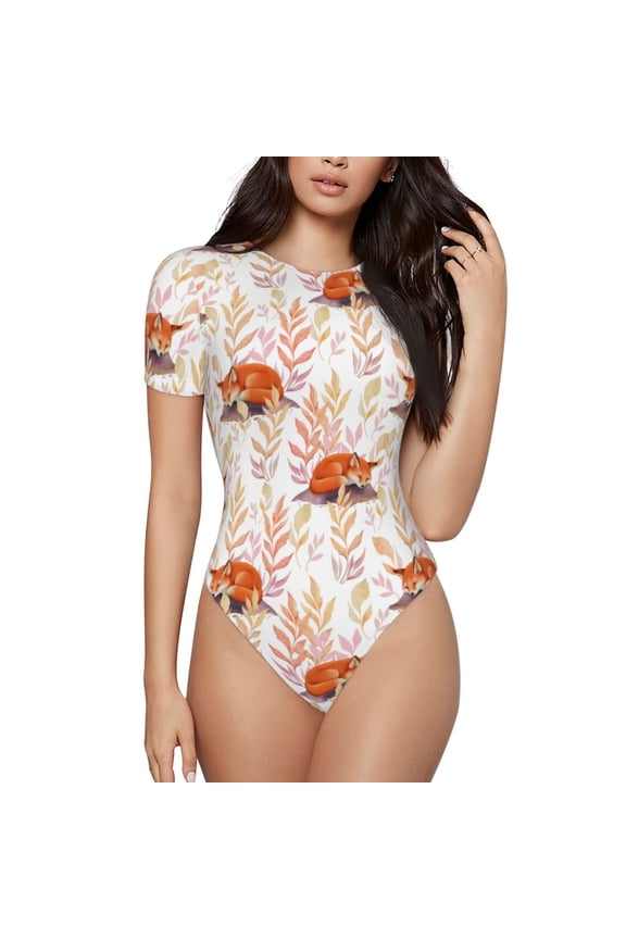 Cute Sleepy Fox Pattern Women's Crew Neck Body Suit, Short-Sleeved Bodysuit and Basic Swimsuit,Both Comfort and Style for Dating and Daily life -Small