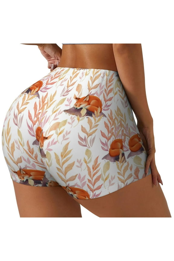 Cute Sleepy Fox Print Workout Shorts for Women Soft Smooth Gym Yoga Scrunch Active Tennis Workout Running Shorts-