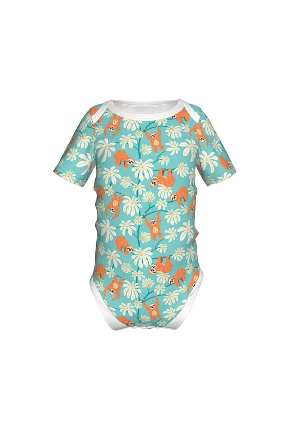 Cute Sloth on Floral Tree Pattern Baby Climbing Bodysuit Short Sleeve Onesie Unisex 0-12 Months Baby Shirt Newborn Outfits Crotch snap design-