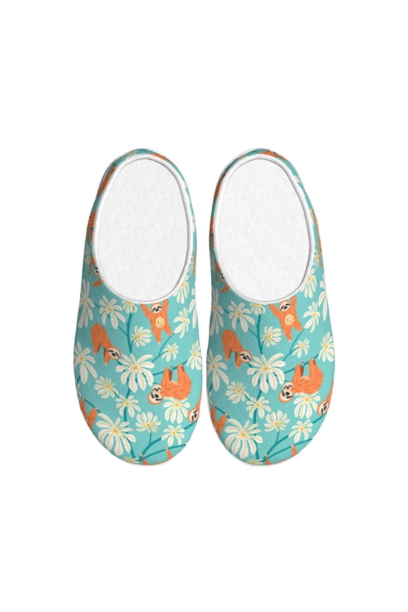 Cute Sloth on Floral Tree Print Cotton Slippers Fuzzy Warm Cozy Slippers Non Slip House Slippers For Indoor Outdoor Cotton Slippers House Slippers-8