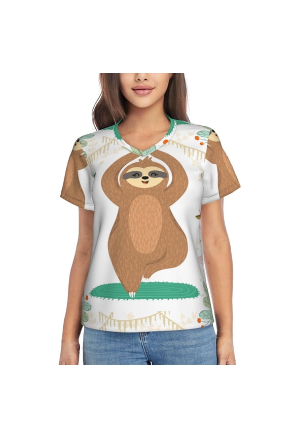 Cute Sloth In Yoga Pose Tree for Women's V-Neck T-Shirts-Elegant Half-Sleeve Tops Perfect for Summer-X-Large