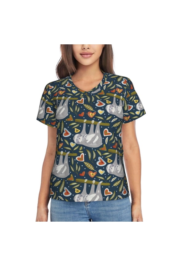 Cute Sloth for Women's V-Neck T-Shirts-Elegant Half-Sleeve Tops Perfect for Summer-Small