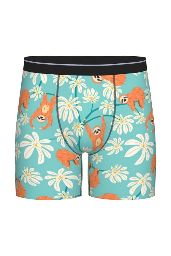 Cute Sloth on Floral Tree Print Boxer Briefs for Men's Stretch Moisture-Wicking Underwear, Mid-Rise Classics breathable fabric