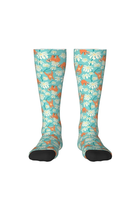 Cute Sloth on Floral Tree print thigh-high socks, crafted for both men and women with a stretchy, high-opaque design perfect for daily wear