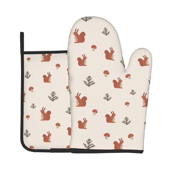 Xecao Cute Squirrel Pattern Oven Mitts and Pot Holders Sets Heat Resistant Silicone Oven Mittens Extra Thicken Long Kitchen Cotton Oven Glove for Cooking