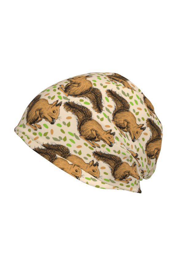 Cute Squirrel with Green Leaves Print Knit Hat,Winter Beanie for Men Women, Beanie Soft Warm Ski Stocking Cuffed Cap