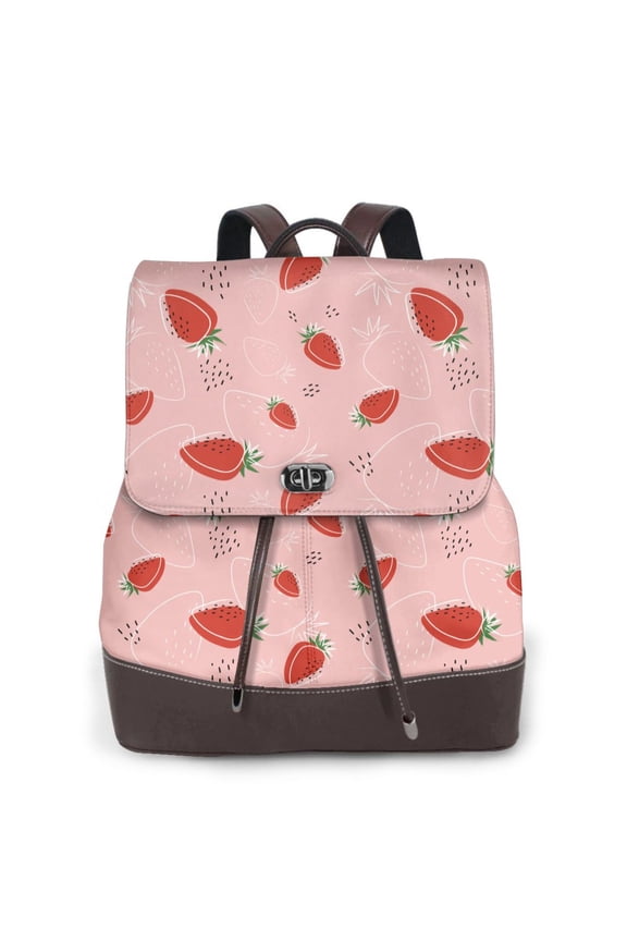 Cute Strawberry C Print Large Backpack Soft Leather for Women Travel with Compartment, Adjustable Convertible Strap