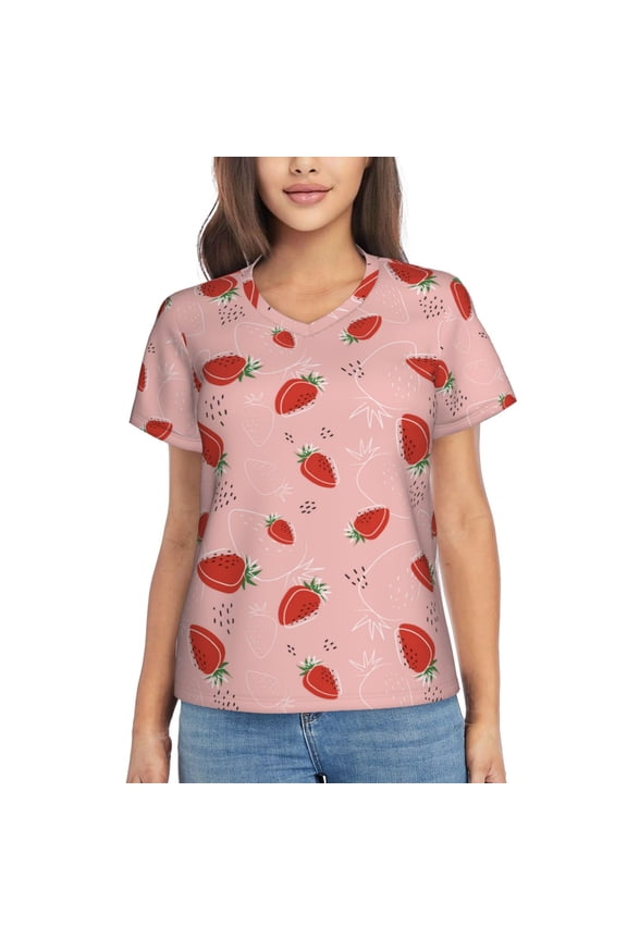 Cute Strawberry C for Women's V-Neck T-Shirts-Elegant Half-Sleeve Tops Perfect for Summer-Medium