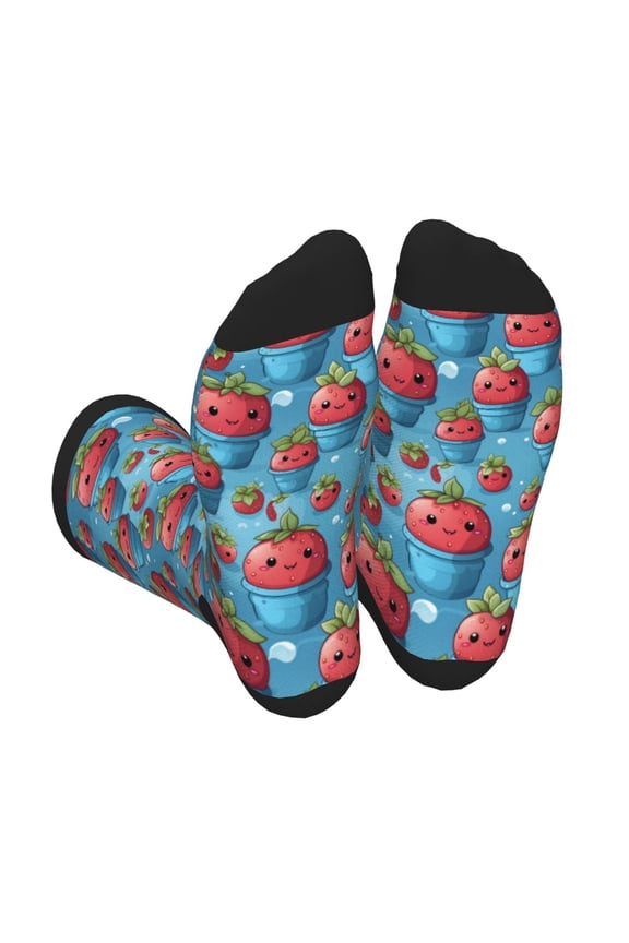 Cute Strawberry Flower Pot Print Crew Socks for Men and Women, Men's Soft Moisture-wicking Sock