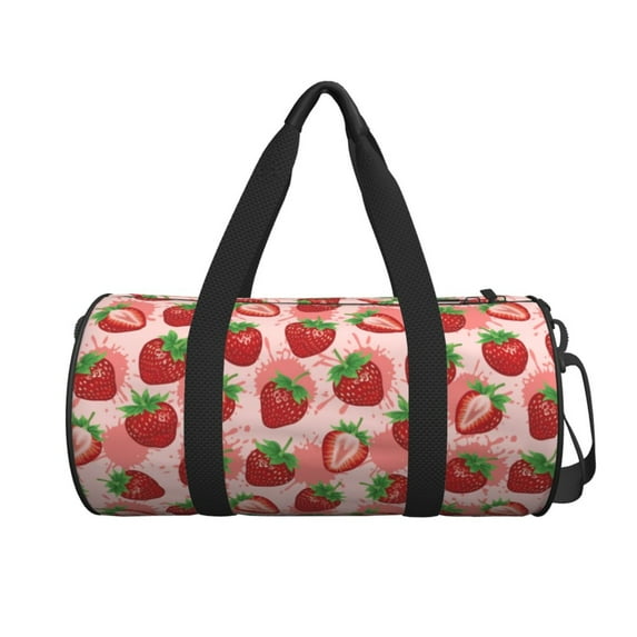 Xecao Cute Strawberry print Round Travel Duffel Bag is a foldable gym bag with an inner pocket, perfect for travel sports