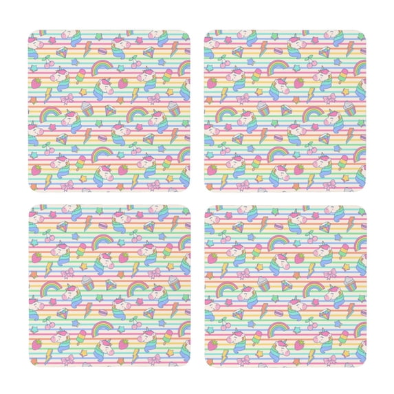 Xecao Cute Unicorn for MDF Cork Coaster 4 Pcs,Drink Coasters,Suit for House Warming Gifts New Home ,Coffee Table Decor-Square