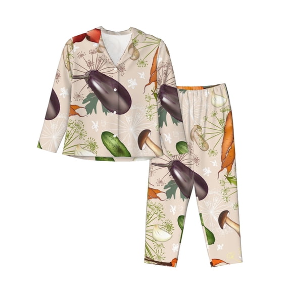 Xecao Cute Vegetables Print Women Pajamas Set Soft Sleepwear Pjs long Sleeve Button Down Nightwear with Long Pants