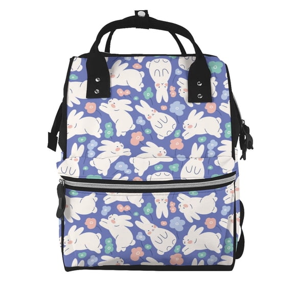 Xecao Cute White Rabbit print Large Capacity Nappy Bag is a multi-functional waterproof travel backpack, perfect as a nursing bag or mummy backpack for women