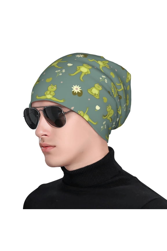 Cute Yoga Frogs Print Beanie Knitted Hat for Men Women, Winter Fashion Knit Cuffed Caps Unisex