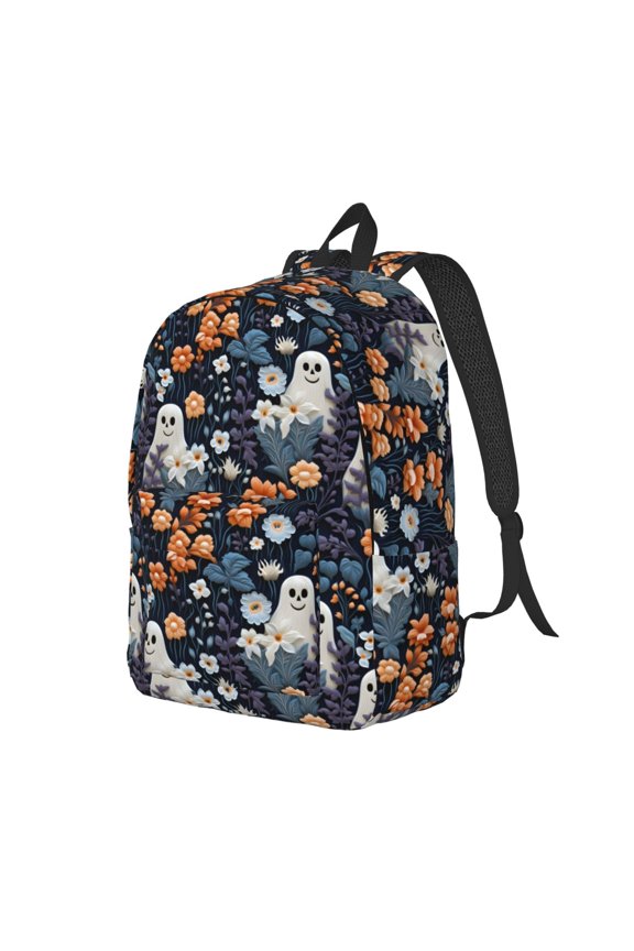 Cute ghost in the flowers for Canvas College Laptop Backpack, a Durable Rucksack for Both Men and Women, ideal for travel, school, and daily use Bag-Medium