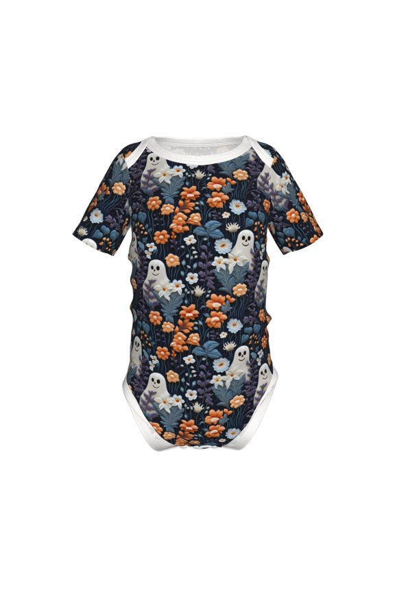 Cute ghost in the flowers Pattern Baby Climbing Bodysuit Short Sleeve Onesie Unisex 0-12 Months Baby Shirt Newborn Outfits Crotch snap design-12 Months