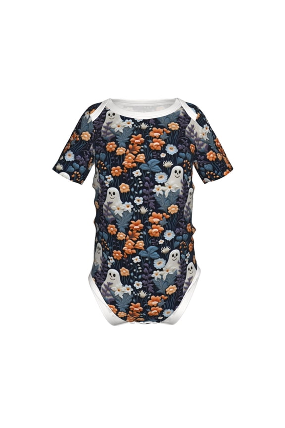 Cute ghost in the flowers Pattern Baby Climbing Bodysuit Short Sleeve Onesie Unisex 0-12 Months Baby Shirt Newborn Outfits Crotch snap design-9M