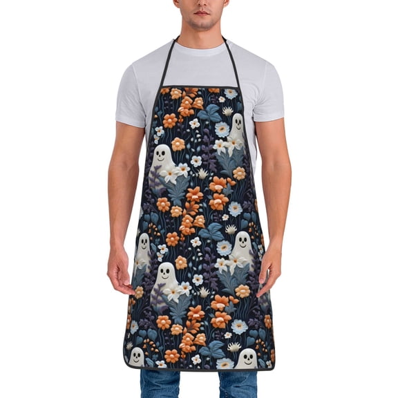 Xecao Cute ghost in the flowers Print Funny BBQ Chef Aprons for Men Women,Adjustable Kitchen Cooking Aprons with Pocket Waterproof Oil Proof No Pilling Fading