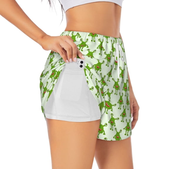 Xecao Cute green monster Double-Layer Running Shorts for Women, Perfect for Gym, Tennis, and More, Featuring a Convenient Pocket-Medium