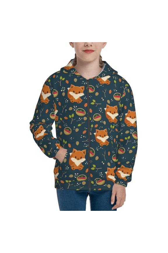 Cute plant fox Pattern Zip Up Hoodies for Boys Girls, Sweatshirt with Pockets-Small