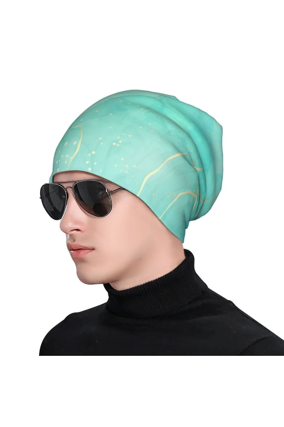 Cyan Mint Marble Print Beanie Knitted Hat for Men Women, Winter Fashion Knit Cuffed Caps Unisex