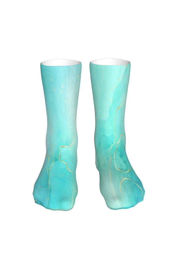 Cyan Mint Marble Print Fashion No Heel Casual Crew Socks Cushioned Breathable for Men Women - Moisture wicking,Not easy to fade Suitable for daily