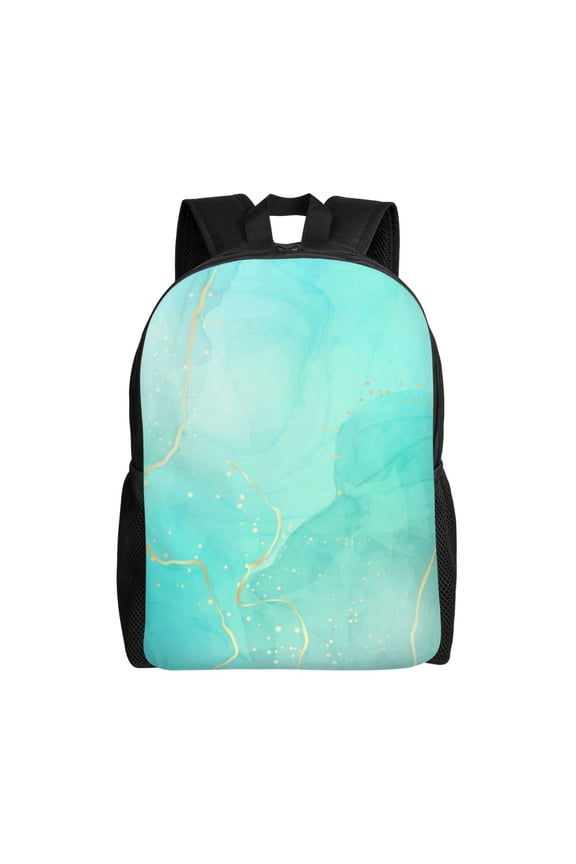 Cyan Mint Marble Print School Backpack with Laptop Compartment Small Travel Laptop Backpack for Women Men Waterproof College Backpack Simple School Bag