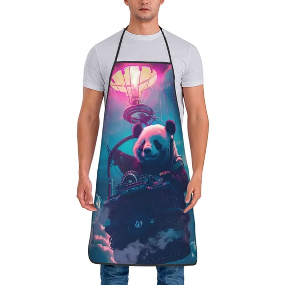 Xecao DJ Panda Hot Air Balloon Print Funny BBQ Chef Aprons for Men Women,Adjustable Kitchen Cooking Aprons with Pocket Waterproof Oil Proof No Pilling Fading
