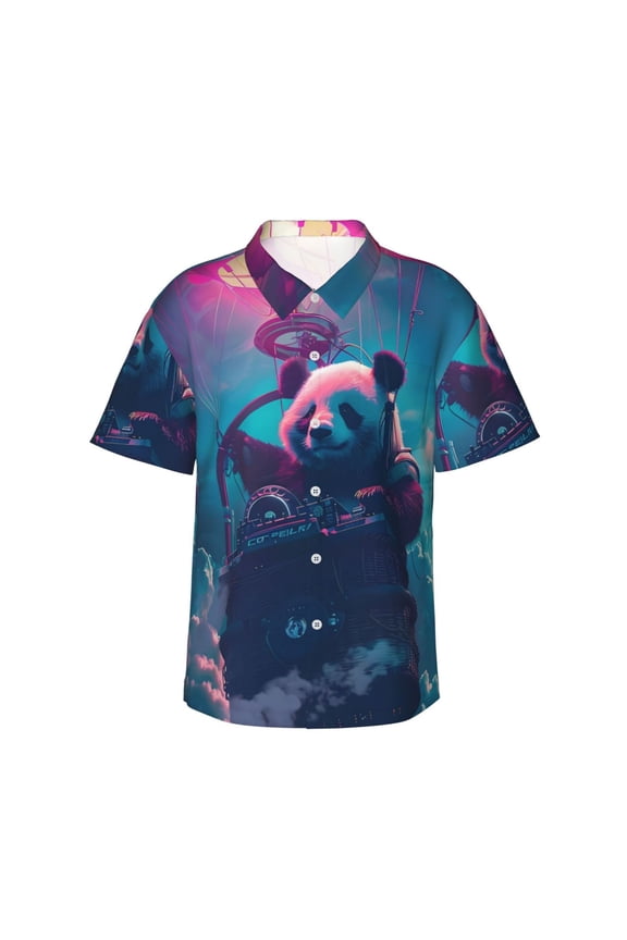 DJ Panda Hot Air Balloon Print Hawaiian shirt - A Stylish Short-Sleeve Button-Down for Men, Perfect for Casual Beach and Tropical Outings.,Medium
