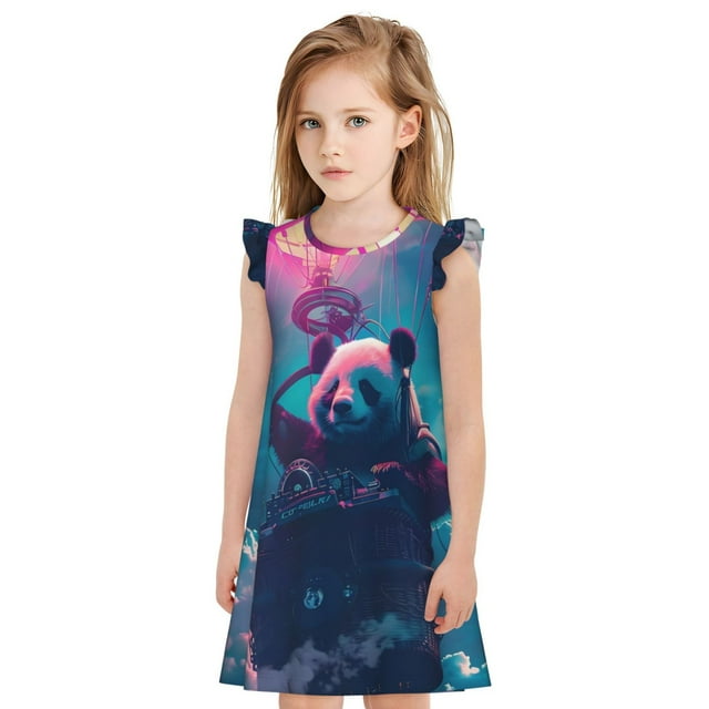 Xecao DJ Panda Hot Air Balloon Print Pajama Dresses for Girls, Princess Pajama Dresses,Nightgowns for Sweet Dreams,Sleepwear-Medium
